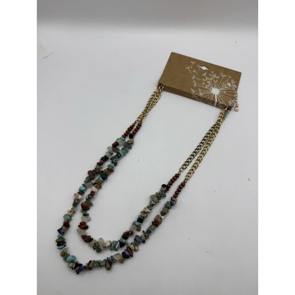 Boho Natural Stone Chip Necklace NEW Double Strand Gold Tone Turquoise Jadeite - Picture 2 of 10